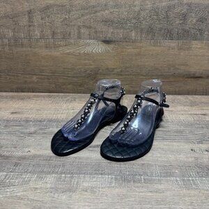 Marc Fisher Black Leather T Strap Embellished Sandal Women's Size 7.5